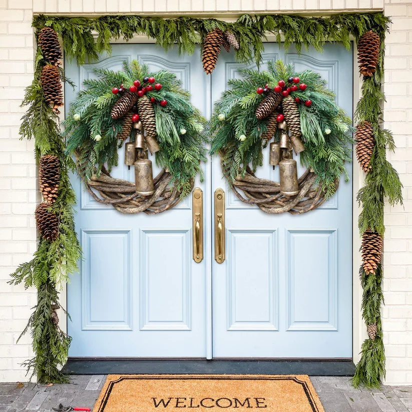 Kalsten | Christmas Wreath | Boho Style | Rustic Vine Base with Pinecones & Golden Bells