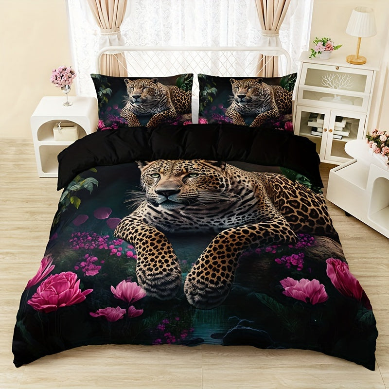 Luxurious Animal Print Bedding Set with Rose Pattern - 3-piece Noxord