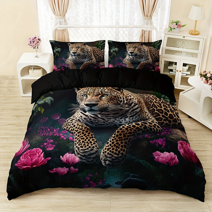 Luxurious Animal Print Bedding Set with Rose Pattern - 3-piece Noxord