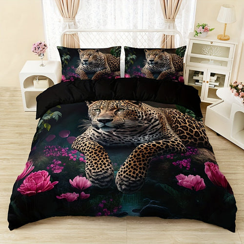 Luxurious Animal Print Bedding Set with Rose Pattern - 3-piece Noxord