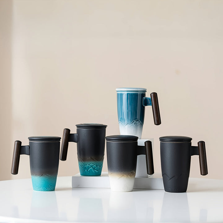 Kalsten | TeaCraft Ceramic Mug | Handmade | With Tea Infuser & Wooden Handle | Retro Design