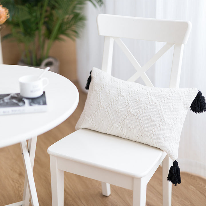 Square Boho cushion cover made of handwoven cotton with textured relief weaving and four tassels Kalsten