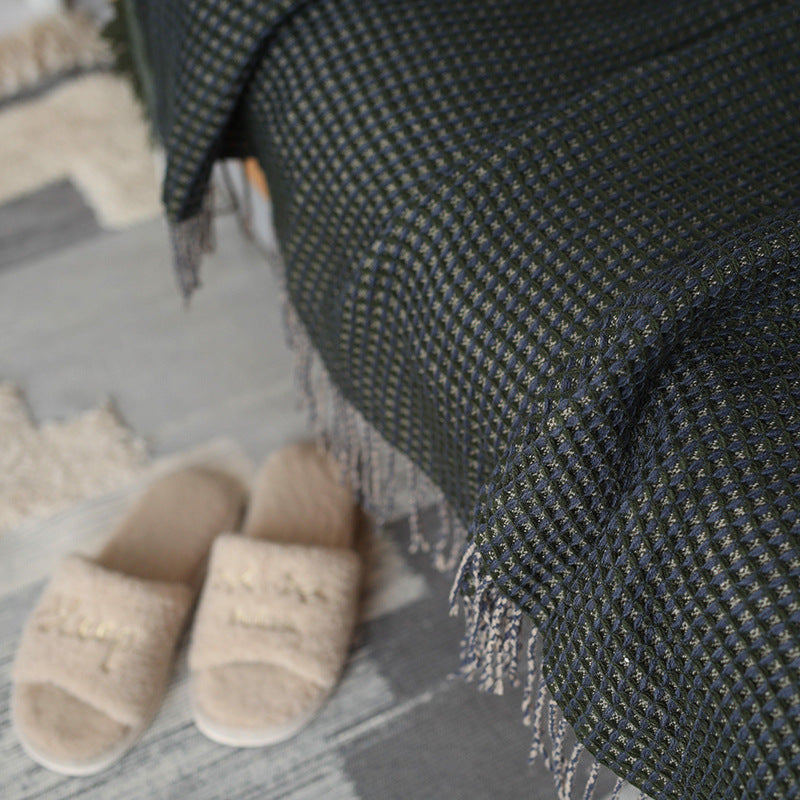 Throw blanket and plaid with herringbone structure, soft cotton blend and decorative fringes Kalsten