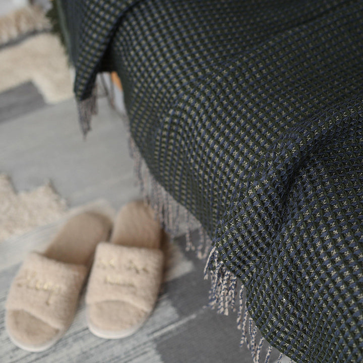Throw blanket and plaid with herringbone structure, soft cotton blend and decorative fringes Kalsten