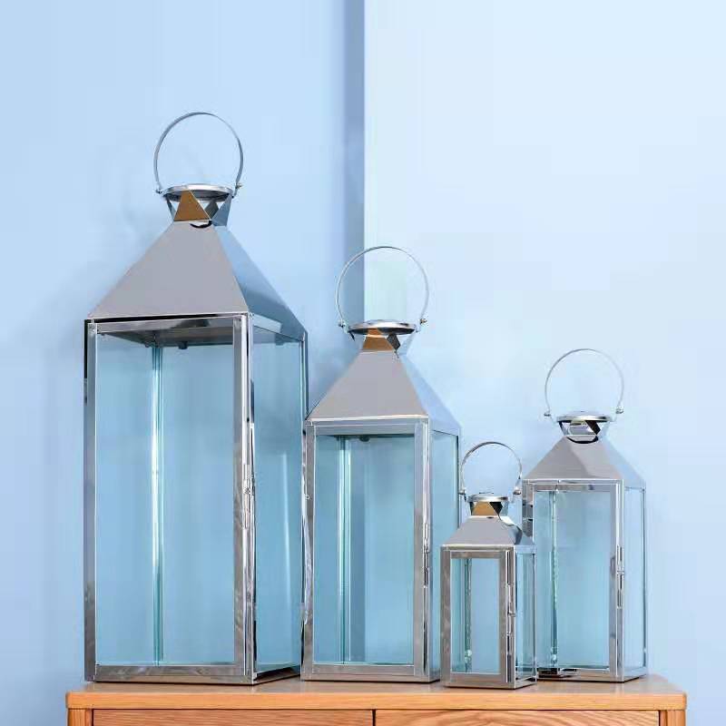 Stainless Steel Glass Hurricane Lantern Set with Hinged Door and Top Carry Ring Kalsten