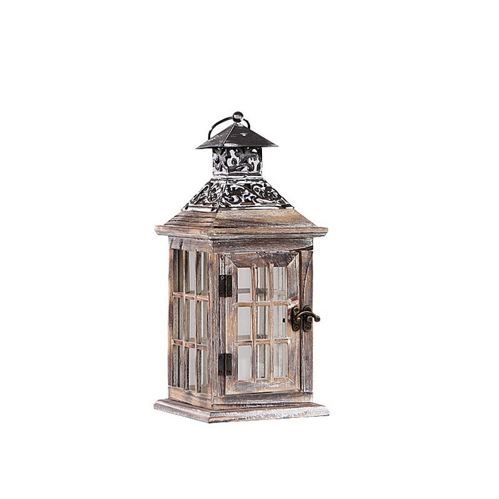 Rustic Distressed Wood Windowpane Glass Candle Lantern Set with Ornate Metal Roof Kalsten