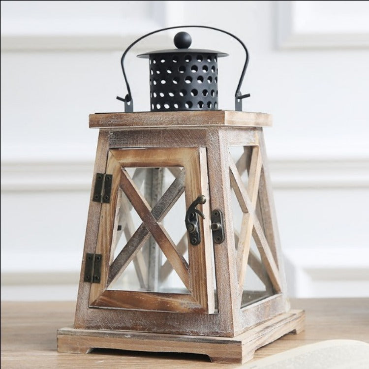 Vintage Farmhouse Glass-Panel Tapered Wooden Lantern with Perforated Metal Chimney Kalsten
