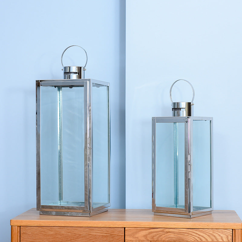 Tall Rectangular Stainless Steel Glass Panel Lantern with Hinged Door and Loop Handle Kalsten