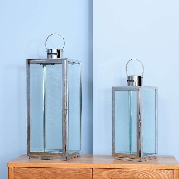 Tall Rectangular Stainless Steel Glass Panel Lantern with Hinged Door and Loop Handle Kalsten