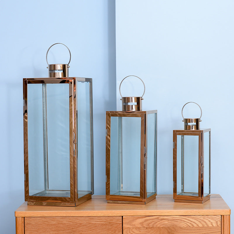 Tall Rectangular Stainless Steel Glass Panel Lantern with Hinged Door and Loop Handle Kalsten