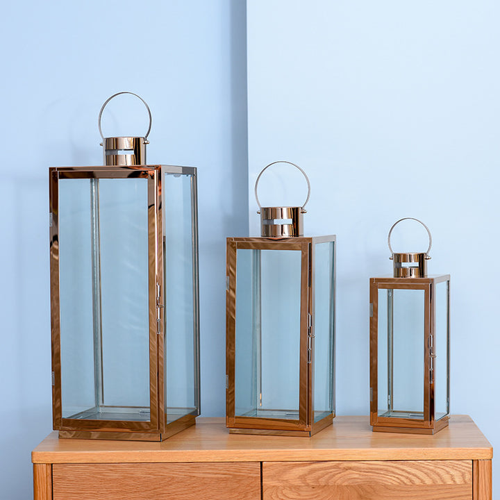 Tall Rectangular Stainless Steel Glass Panel Lantern with Hinged Door and Loop Handle Kalsten