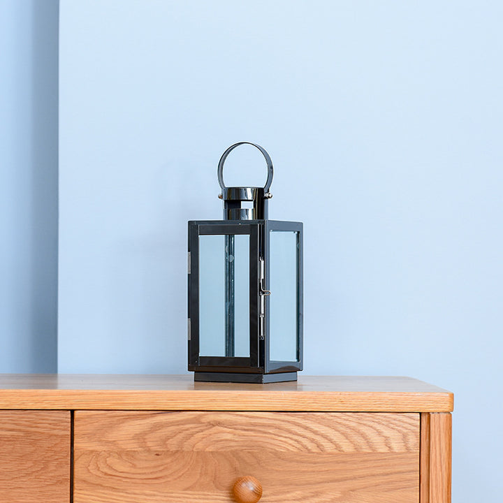 Tall Rectangular Stainless Steel Glass Panel Lantern with Hinged Door and Loop Handle Kalsten
