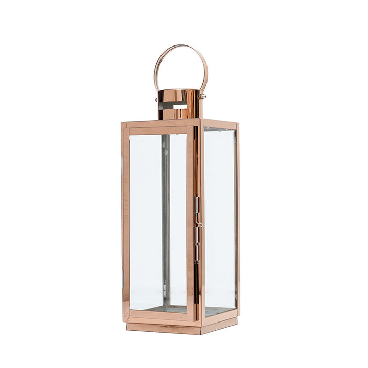 Tall Rectangular Stainless Steel Glass Panel Lantern with Hinged Door and Loop Handle Kalsten