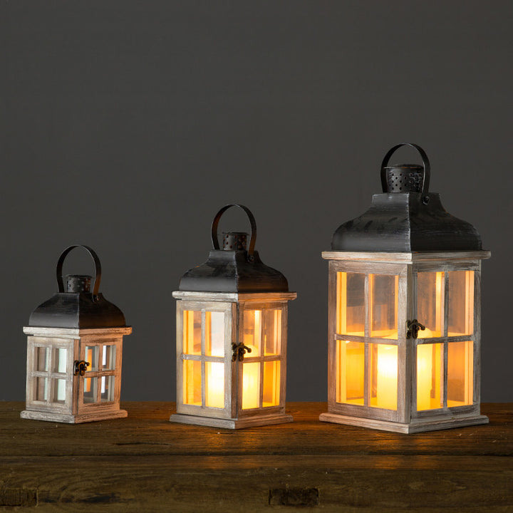 Multi-Piece Rustic Wooden Candle Lanterns with Metal Tops and Paneled Glass Kalsten