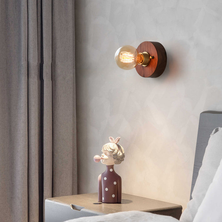 Round/Square Vintage Walnut Wood Wall Lamp 1-light with Pull Chain Switch | Noxord