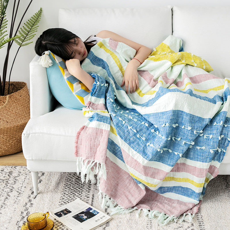 Light striped cotton throw blanket with fringes and textured knot appliqué Kalsten