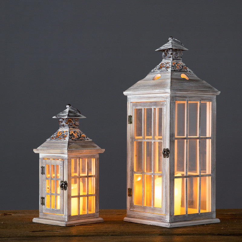 Rustic Distressed Wood Windowpane Glass Candle Lantern Set with Ornate Metal Roof Kalsten