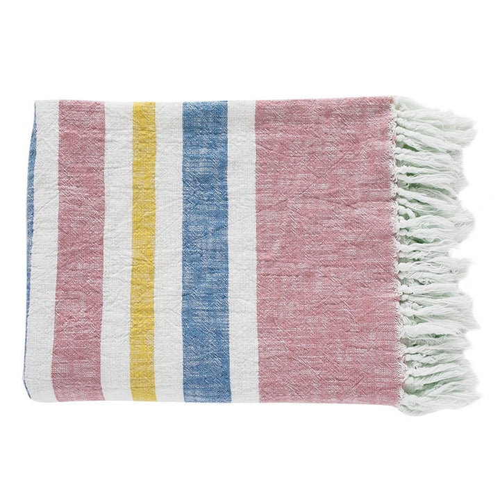 Light striped cotton throw blanket with fringes and textured knot appliqué Kalsten