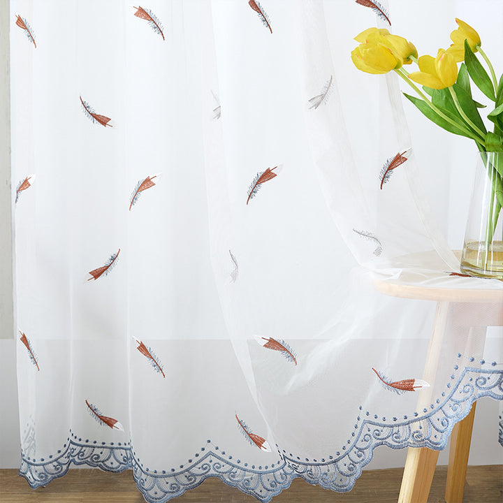 Transparent Voile Curtain with Fine Feather Embroidery and Wavy Lace Edge Kalsten