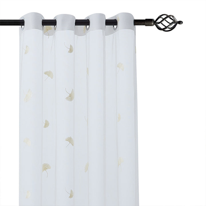 Transparent curtain drape made of fine tulle with embroidered ginkgo leaves and curved lace finish Kalsten