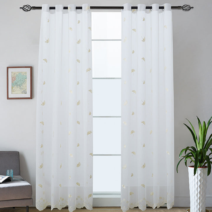 Transparent curtain drape made of fine tulle with embroidered ginkgo leaves and curved lace finish Kalsten