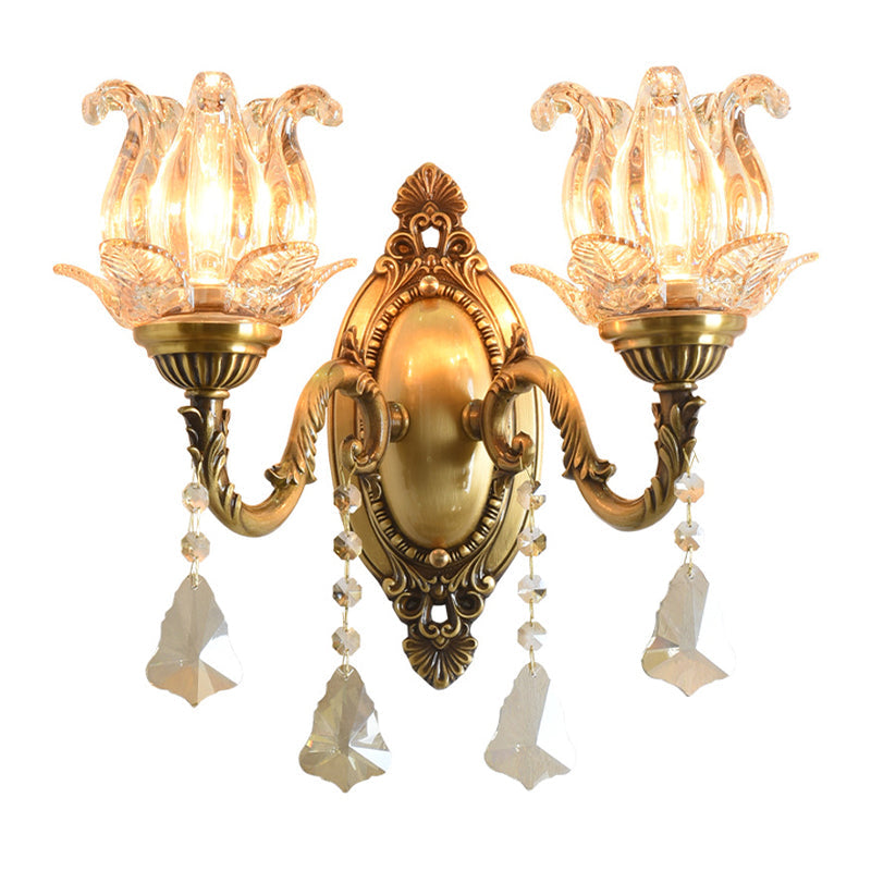 Traditional Semi-Open Flower Sconce 1/2-Light Clear Glass Wall Mount Lighting in Brass | Kalsten