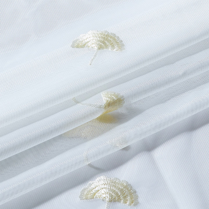 Transparent curtain drape made of fine tulle with embroidered ginkgo leaves and curved lace finish Kalsten