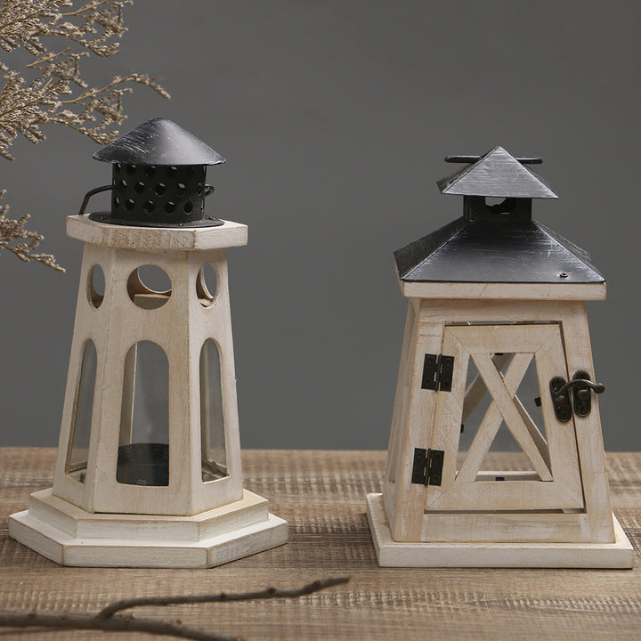 Rustic Distressed Wood Lantern Candle Holder with Glass Panels and Metal Roof Kalsten