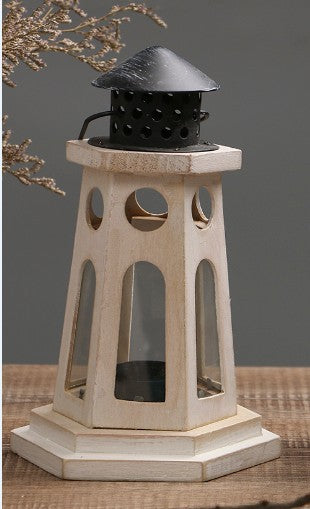 Rustic Distressed Wood Lantern Candle Holder with Glass Panels and Metal Roof Kalsten