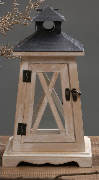 Rustic Distressed Wood Lantern Candle Holder with Glass Panels and Metal Roof Kalsten