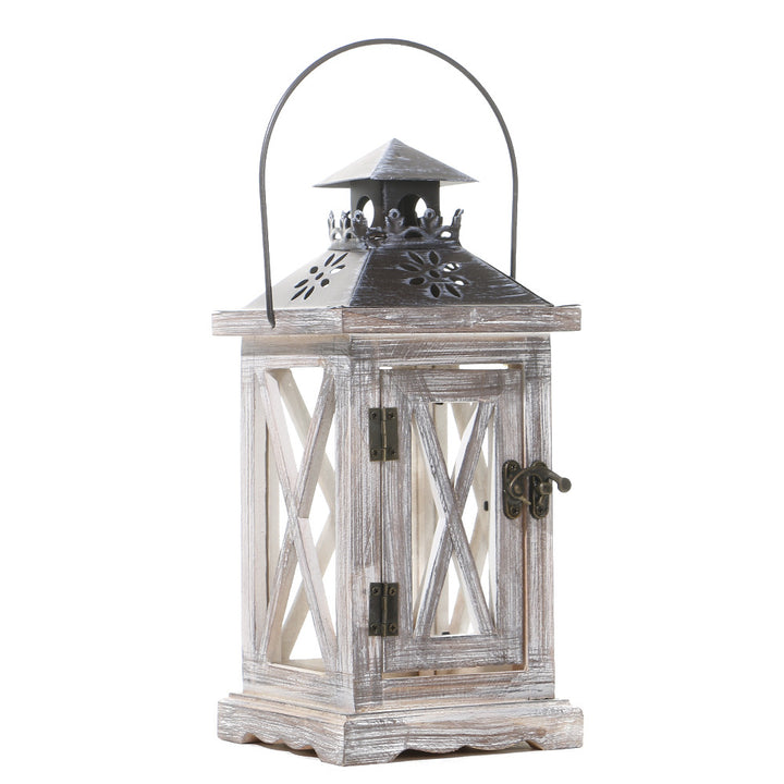 Rustic Distressed Wood Glass-Paneled Decorative Candle Lantern with Metal Top and Carry Handle Kalsten