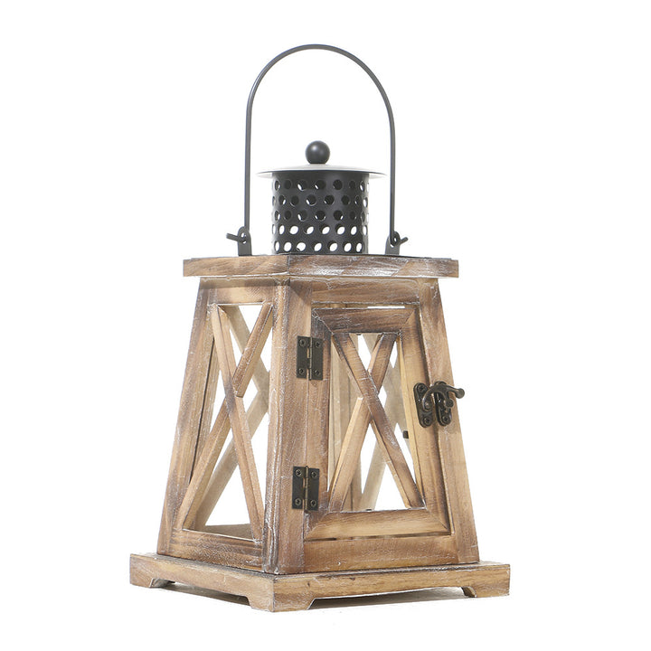 Distressed Wood Glass Candle Lantern with Perforated Metal Top and Vintage Latch Kalsten