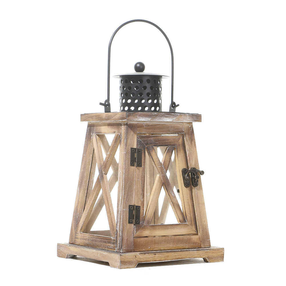 Rustic Wooden Glass-Paneled Lantern with Metal Roof and Latch Candle Holder Kalsten