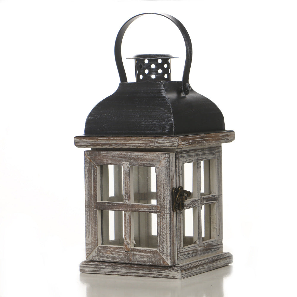 Distressed Wood Glass Candle Lantern with Perforated Metal Top and Vintage Latch Kalsten