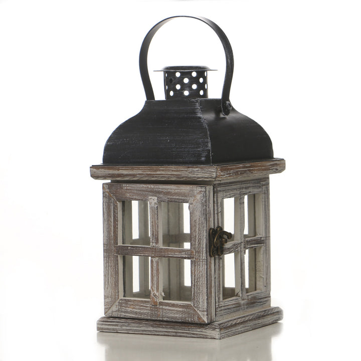 Distressed Wood Glass Candle Lantern with Perforated Metal Top and Vintage Latch Kalsten