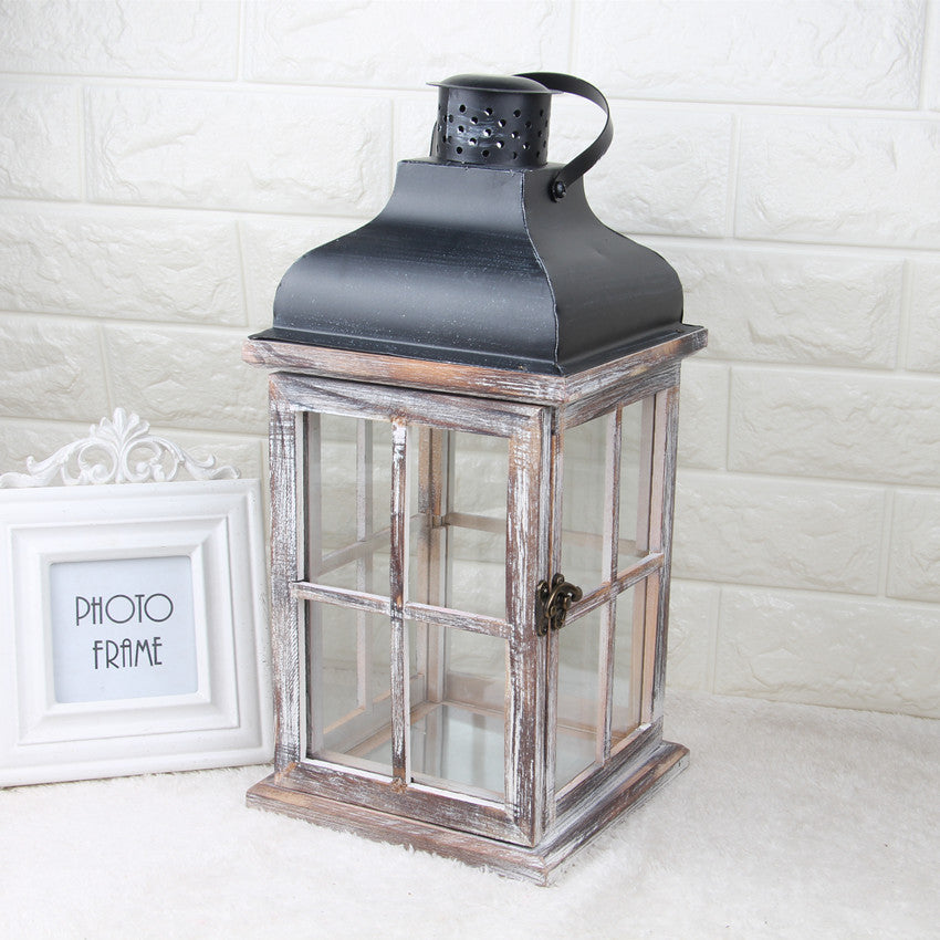 Rustic Wooden Glass-Paneled Lantern with Metal Roof and Latch Candle Holder Kalsten