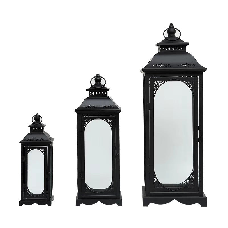 Decorative Metal Glass Lantern Set with Arched Paneled Windows and Filigree Top Kalsten