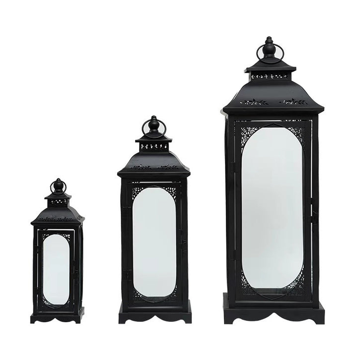 Decorative Metal Glass Lantern Set with Arched Paneled Windows and Filigree Top Kalsten