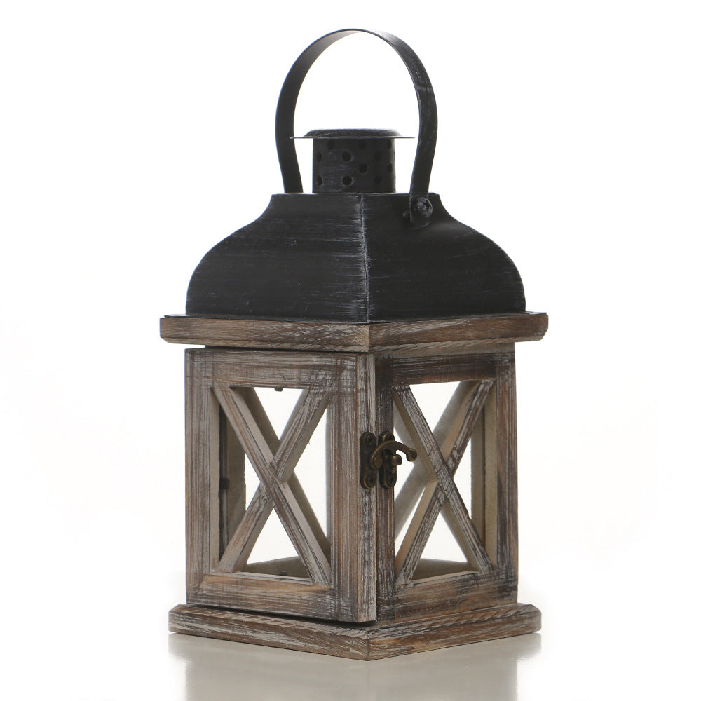 Rustic Wooden Glass-Paneled Lantern with Metal Roof and Latch Candle Holder Kalsten