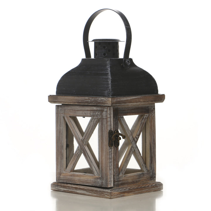 Rustic Wooden Glass-Paneled Lantern with Metal Roof and Latch Candle Holder Kalsten