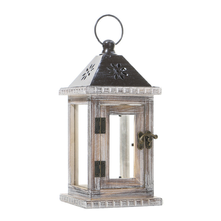 Distressed Wood Glass Candle Lantern with Perforated Metal Top and Vintage Latch Kalsten