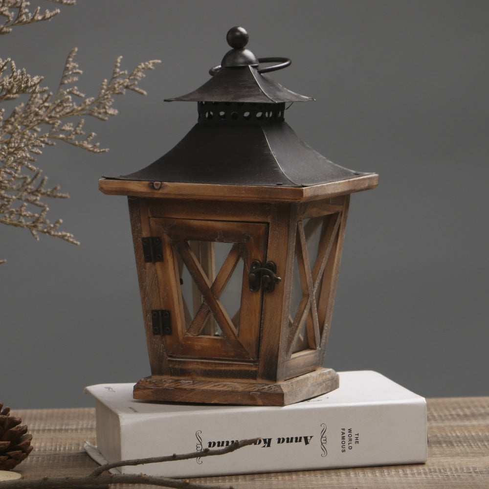 Rustic Wooden Glass-Paneled Lantern with Metal Roof and Latch Candle Holder Kalsten
