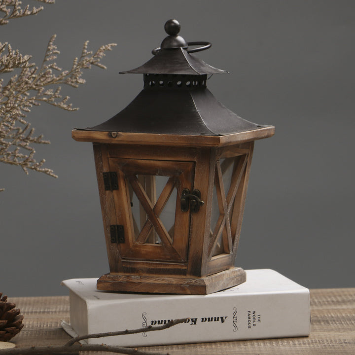 Rustic Wooden Glass-Paneled Lantern with Metal Roof and Latch Candle Holder Kalsten