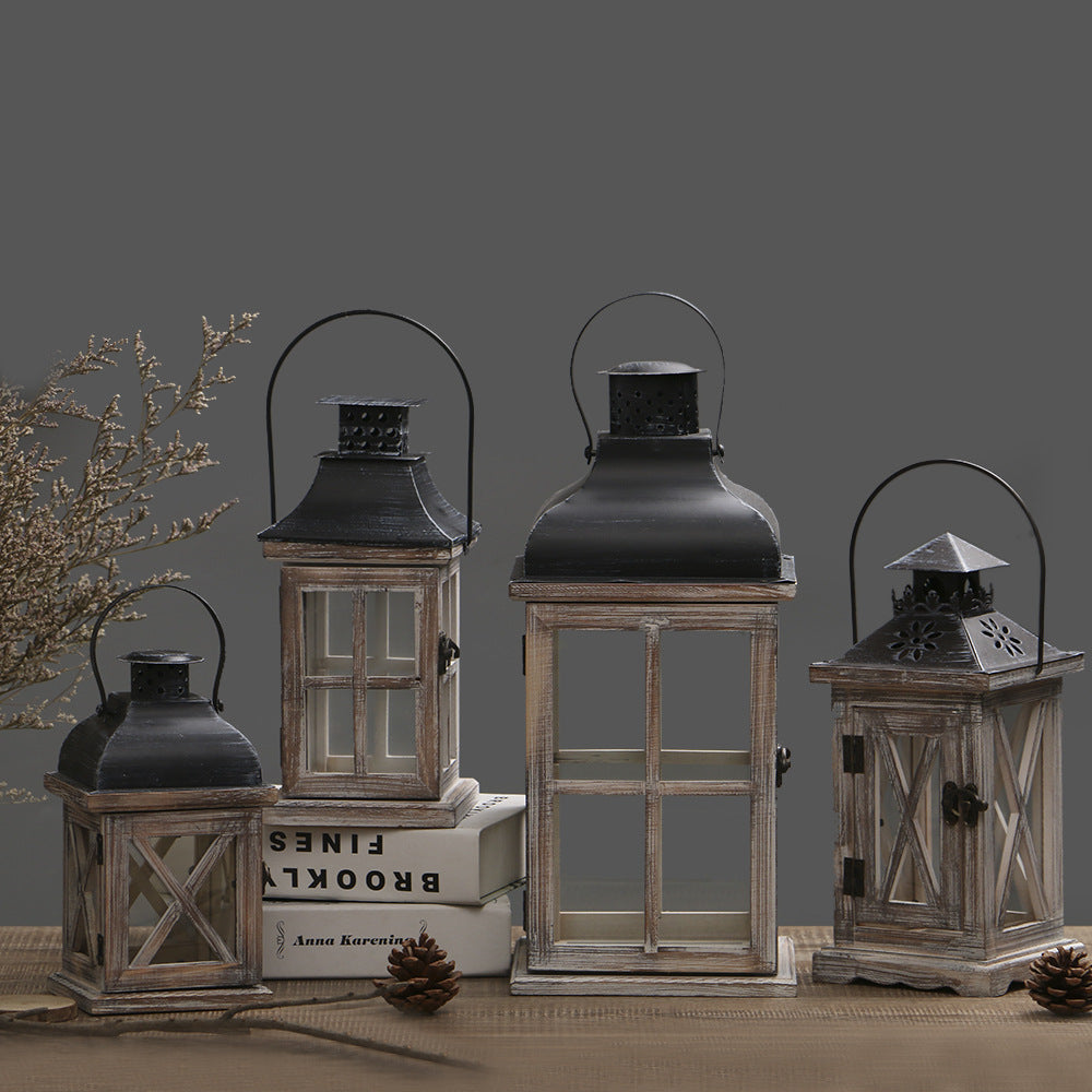 Rustic Distressed Wood Glass-Paneled Decorative Candle Lantern with Metal Top and Carry Handle Kalsten
