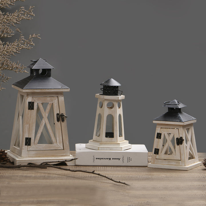 Rustic Wooden Glass-Paneled Lantern with Metal Roof and Latch Candle Holder Kalsten