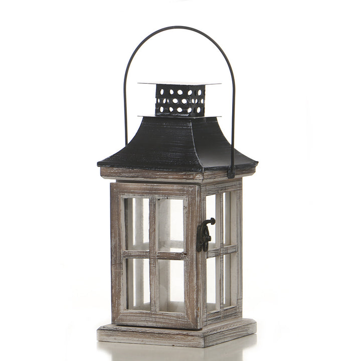 Rustic Wooden Glass-Paneled Lantern with Metal Roof and Latch Candle Holder Kalsten