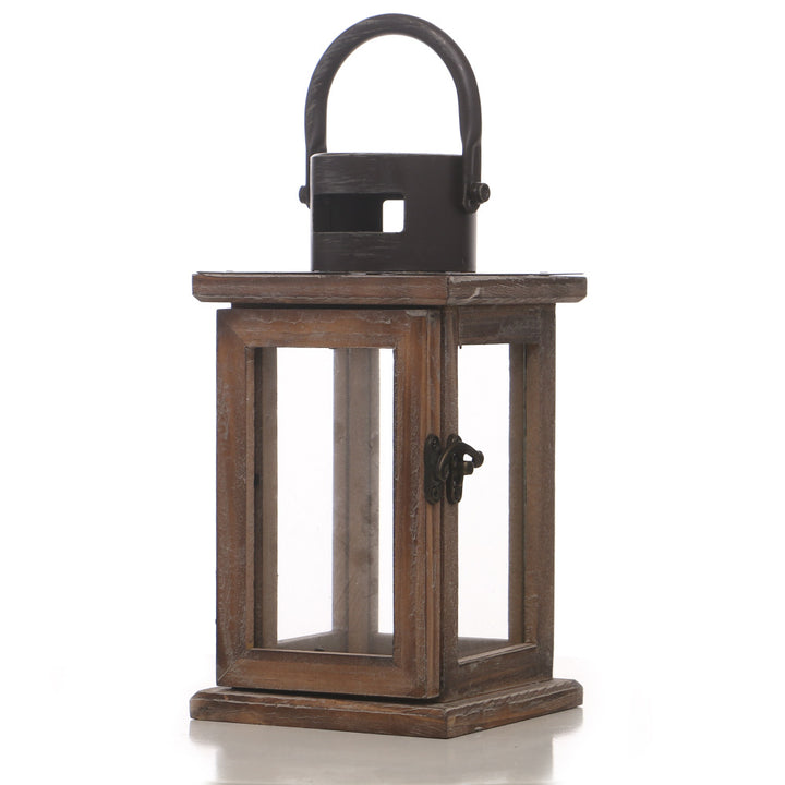 Rustic Wooden Glass-Paneled Lantern with Metal Roof and Latch Candle Holder Kalsten