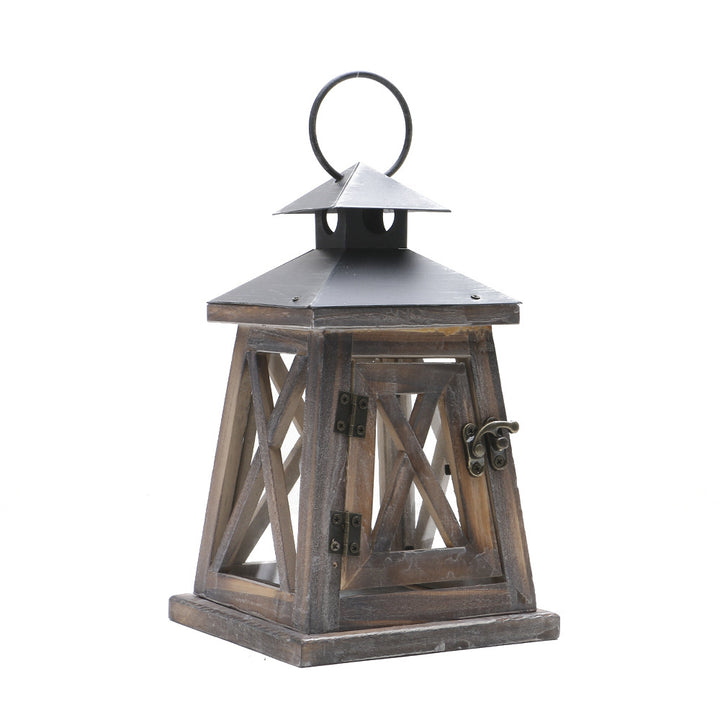 Rustic Wooden Glass-Paneled Lantern with Metal Roof and Latch Candle Holder Kalsten