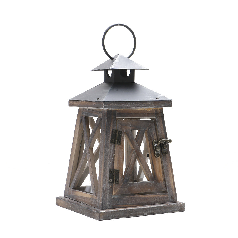 Rustic Wooden Glass-Paneled Lantern with Metal Roof and Latch Candle Holder Kalsten