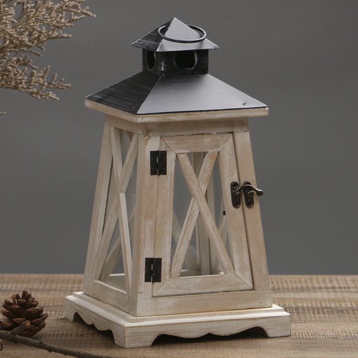 Rustic Wooden Glass-Paneled Lantern with Metal Roof and Latch Candle Holder Kalsten